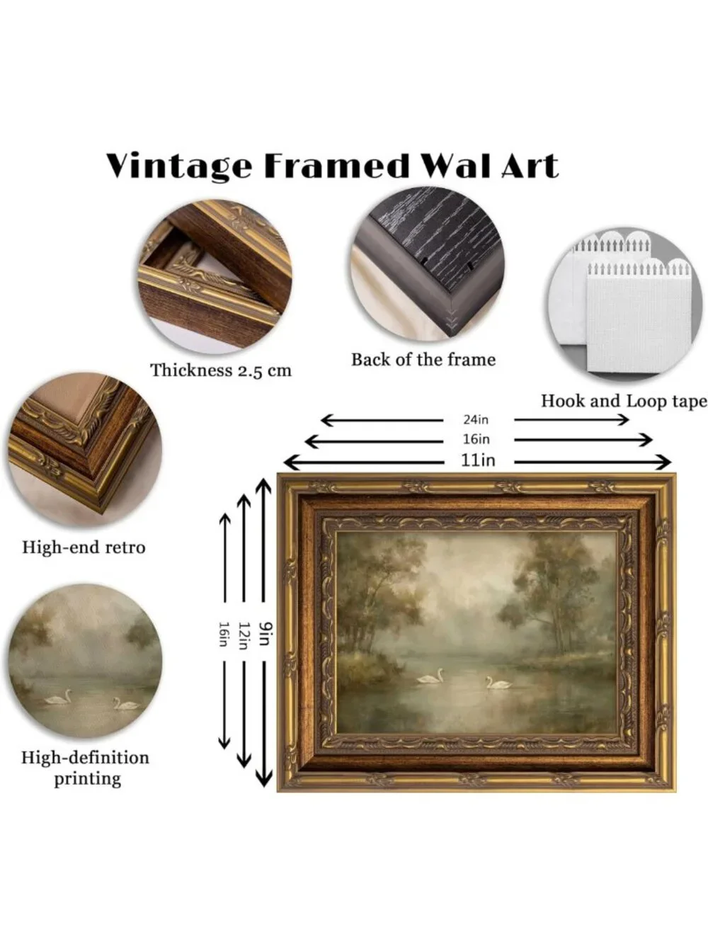 Vintage Gold Framed Swan Lake Canvas Art - Rustic Romantic Landscape Print for